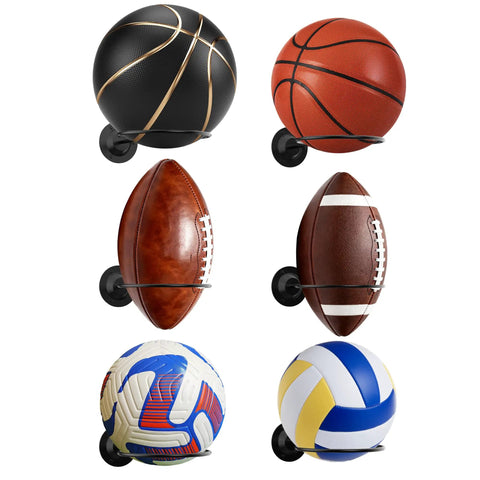Metal Ball Holder Rack Wall Mounted Two Piece Set Black Heavy Duty Wall Display Storage For Soccer Basketball Volleyball Rugby Football Easy Install With Screws holding various sports balls.