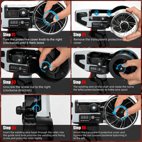 Instructional steps for setting up 2 in 1 Handheld MIG and Stick Welder Workhorse Portable 250A Flux Core Gasless Welder 110V IGBT MMA