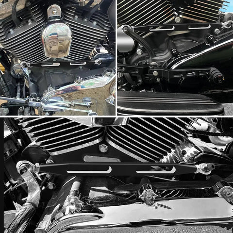 Beefed Up Shifter Linkage For Harley Touring Models 1986 To 2024 With Extended Reach Forward Controls Improve Shifting Smoothness And Quick Gear Changes For Touring Bikes With Easy Install And Durable Build, black metal motorcycle linkage installed