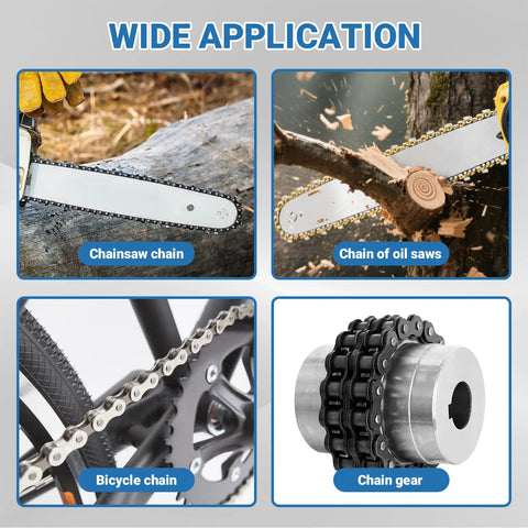 Image showing applications of the 2 In 1 Chainsaw Chain Breaker And Spinner Tool Kit With 4 Punches And 5 Chain Molds on various chains.