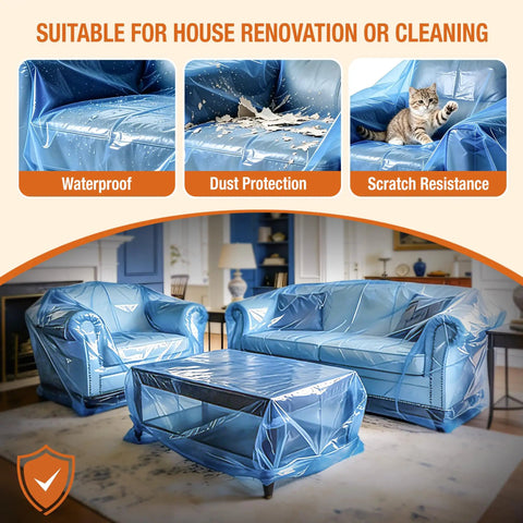 Blue Clear Plastic Chair Cover for Large Sofa and Couch Storage and Transport, Waterproof and Dustproof, living room setup.
