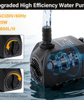 Auto Drip Irrigation System Kit with 13 Gallon Foldable Bucket and 25W Water Pump for Indoor and Outdoor DIY plant care. Image of a black high-efficiency 25W water pump with water flow diagram.