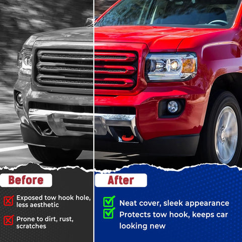 Before and after image showing the effect of Chevy Colorado Trailboss Tow Hook Covers And GMC Canyon Silicone Rubber Upgrade