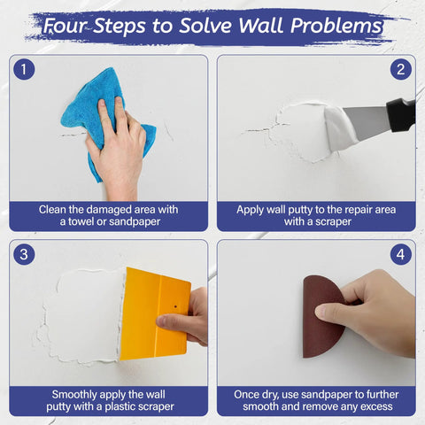 "Four-step guide to using Drywall Repair Kit With Spackle And Patches, Scraper, Sandpaper And Gloves, 8.5 Ounce White Putty"