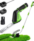12V Cordless Grass Shear And Hedge Trimmer 2 In 1 Electric Tool With 37 Inch Wheeled Extension Pole, battery, and charger on grass