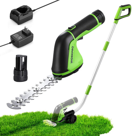 12V Cordless Grass Shear And Hedge Trimmer 2 In 1 Electric Tool With 37 Inch Wheeled Extension Pole, battery, and charger on grass