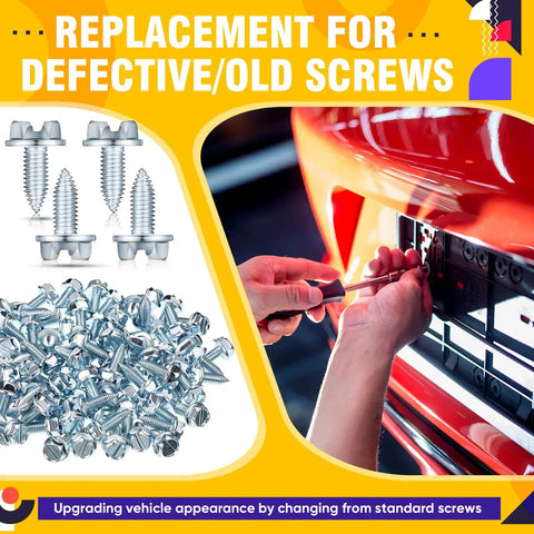 100 Pack License Plate Screws 6mm By 16mm Slotted Hex Head Bolts used on car plate with pile of new screws