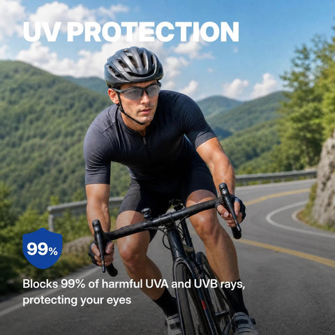 Real Deal ANSI Z87 Certified Safety Glasses Featuring Impact Resistant Anti Fog And Scratch Resistant Polycarbonate Lenses worn by cyclist on mountain road.