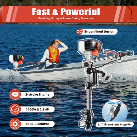 Beast Mode Two Point Three Horsepower 52CC Two Stroke Outboard Motor With CDI Ignition Air Cooled Engine Three Blade Propeller And Zero Point Twenty Two Gallon Fuel Tank Portable Heavy Duty Boat Engine For Inflatable Boats Kayaks And Fishing Yachts