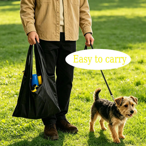 Person carrying All In One Dog Agility Jump Set For Backyard Training with carry bag next to small dog on grass