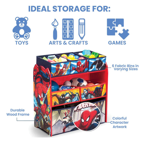 Kid Friendly Multi Bin Toy Organizer With Spider Man Graphics For Kids Ages 3 And Up Durable Wood And Fabric Storage Unit For Easy Cleanup