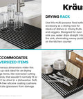 Over Sink Roll Up Dish Drying Rack Multipurpose Colander And Trivet Black Finish on countertop with kitchen utensils.