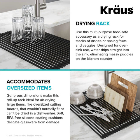 Over Sink Roll Up Dish Drying Rack Multipurpose Colander And Trivet Black Finish on countertop with kitchen utensils.