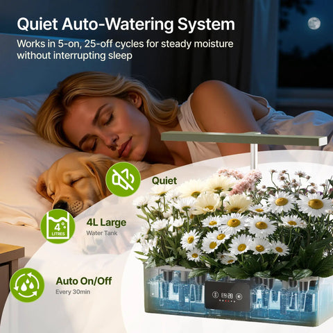 Woman sleeping next to Hydroponics Growing System Kit With 24W Dimmable Grow Light For Indoor Herb Garden 12 Pods Timer