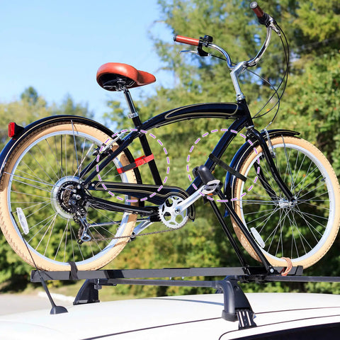 Bicycle secured on roof rack using 12 Pack Adjustable Bike Rack Straps 23.6 Inch Cinch Straps For Wheel Stabilization Multi Color Black Purple Red