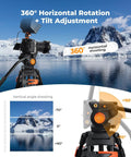 80 Inch Aluminum Fluid Head Video Tripod With Quick Release Plate showing 360 pan and tilt setup by snowy landscape