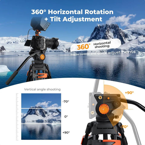 80 Inch Aluminum Fluid Head Video Tripod With Quick Release Plate showing 360 pan and tilt setup by snowy landscape
