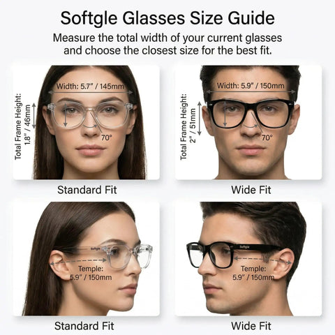 Softgle Glasses Size Guide showing sizes and measurements for Heavy Duty Photochromic Safety Glasses With ANSI Z87 Approval.