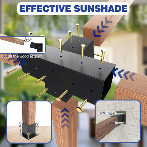 Beefed Up Heavy Duty 4 Way Slanted Roof Pergola Bracket Set 15 Degree Wall Mount Kit demonstrating effective sunshade installation