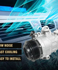Heavy Duty Air Conditioning AC Compressor No Hassle Bolt On Replacement For Ford Explorer 2011 Through 2015 And Police Interceptor Utility Plug And Play OEM Co 9777C Fits 3.5L And 3.7L V6 Naturally Aspirated Engines with cooling vents in the background.