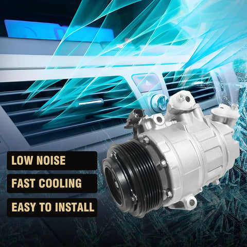 Heavy Duty Air Conditioning AC Compressor No Hassle Bolt On Replacement For Ford Explorer 2011 Through 2015 And Police Interceptor Utility Plug And Play OEM Co 9777C Fits 3.5L And 3.7L V6 Naturally Aspirated Engines with cooling vents in the background.