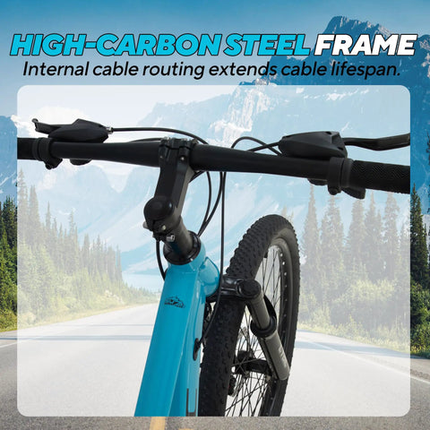 26 Inch Mountain Bike With 21 Speed Drivetrain Dual Disc Brakes And Front Suspension Fork showing handlebars and front wheel outdoors