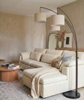 Trilage Arc Floor Lamp With Three Fabric Shades And LED Bulbs For A Lit Living Room Over Sofa Reading Area Multi Head Tree Style
