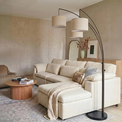 Trilage Arc Floor Lamp With Three Fabric Shades And LED Bulbs For A Lit Living Room Over Sofa Reading Area Multi Head Tree Style