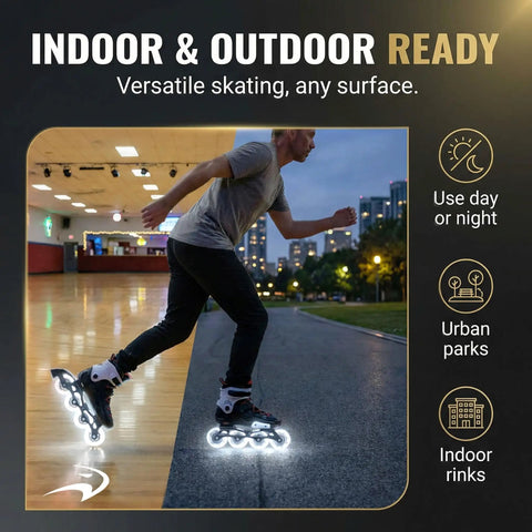 LazerWheelz Light Up Inline Skate Wheels for Indoor and Outdoor Use 80mm 88A White LED Replacement Wheels glowing at night