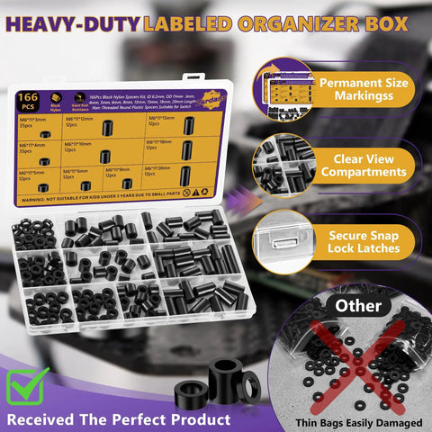 166-Piece Must-Have M6 Black Nylon Spacers Kit With 3mm To 20mm Heights For M6 Screws And Bolts Heavy Duty Standoffs For DIY Projects Robotics Enclosures And Everyday Mounting Solutions, labeled organizer box