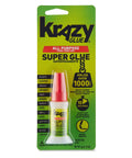 Multipurpose Brush On Super Glue Six Count Pack Quick Drying Liquid Adhesive zero hassle applicator, Krazy Glue bottle on green packaging.