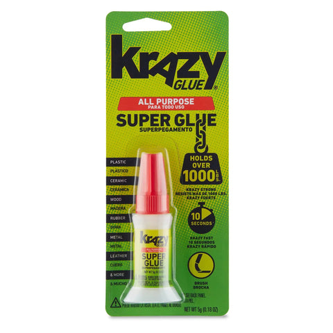 Multipurpose Brush On Super Glue Six Count Pack Quick Drying Liquid Adhesive zero hassle applicator, Krazy Glue bottle on green packaging.