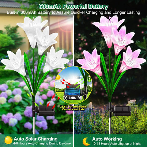 White and pink Lit Seven Color Changing Solar Lily Garden Lights With 24 LED Petals, Upgraded Monocrystalline Panel in garden setting