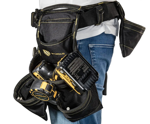 Contractor wearing 18 Pocket Heavy Duty Contractor Tool Belt Pouch With Cushioned Padding, Hammer Loop, Tape Holder, Adjustable To 55 Inches