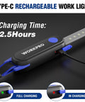 Close-up view of 25 Inch LED Underhood Work Light With Foldable Bar Three Lighting Modes Low Medium High Magnetic And Adjustable Straps And Hooks Rechargeable Battery Pro Grade Ideal For Car Repair Garage Workshop And Emergency, showing charging port and cable.