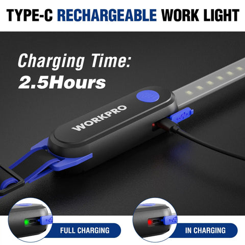 Close-up view of 25 Inch LED Underhood Work Light With Foldable Bar Three Lighting Modes Low Medium High Magnetic And Adjustable Straps And Hooks Rechargeable Battery Pro Grade Ideal For Car Repair Garage Workshop And Emergency, showing charging port and cable.