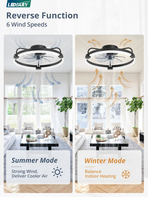 Ceiling Fan With Lights And Remote And App Control 20 Inch Low Profile Flush Mount Fandelier in summer and winter mode