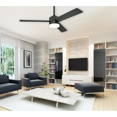 Alta Vista 52-Inch Modern LED Ceiling Fan with Light and Remote, Matte Black Finish in living room, Down Rod Install, Reversible Blades