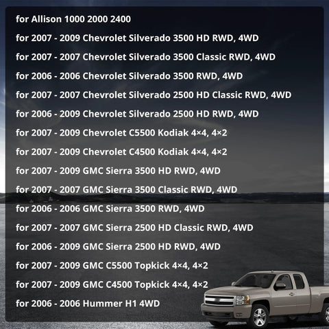 Compatibility list for Duramax Chevy Allison Transmission Wiring Harness with 2006-2014 Silverado, Sierra and Hummer models