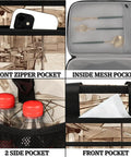 Insulated Picnic Backpack With Large Capacity showing front zipper pocket, mesh pocket with utensils, side pocket with bottles