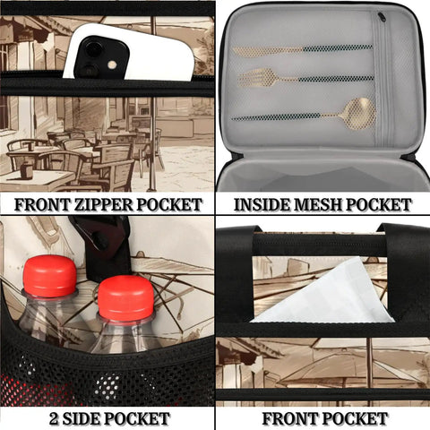 Insulated Picnic Backpack With Large Capacity showing front zipper pocket, mesh pocket with utensils, side pocket with bottles