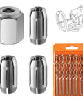 Replacement Collet And Nut Kit For Spiral Saw Tools CN1 Compatible Includes Three Five Thirty-Second Inch Collets And One Nut Plus Ten Thirty-Second Inch Drywall Guide Point Cutting Bits For Drywall Cutout Tools