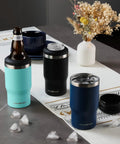 Hella Tough Navy Blue Four In One Insulated Stainless Steel Drink Koozie Fits 12 Oz Cans And Beer Bottles Transforms To Tumbler on table