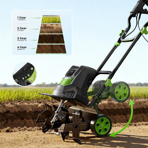 Beast Garden Tiller For Big Beds 1800W Corded Cultivator with 24 steel tines shown in action on a large bed with gear options displayed.