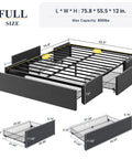 Full Size Platform Storage Bed Frame With Three Smooth Rolling Drawer Pulls Upholstered In Dark Grey Linen Fabric Over Heavy Duty Metal Supports Straight Up Slick Low Profile Setup For Small Rooms dimensions