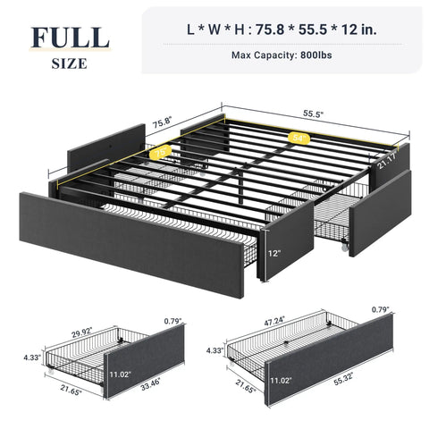 Full Size Platform Storage Bed Frame With Three Smooth Rolling Drawer Pulls Upholstered In Dark Grey Linen Fabric Over Heavy Duty Metal Supports Straight Up Slick Low Profile Setup For Small Rooms dimensions