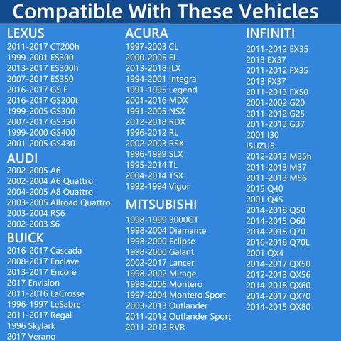 Compatibility list for locking gas cap replacement for cars and SUVs including Lexus, Audi, Buick, Acura, Mitsubishi, Infiniti, Isuzu models.
