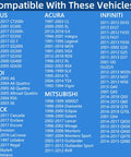Compatibility chart for Chevy Locking Gas Cap 31780, listing compatible vehicles like Lexus, Acura, Infiniti, Audi, Buick, Mitsubishi.