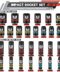 Knockout 50 Piece Impact Socket Set With 3/8 Inch Drive Sae And Metric Sizes with black deep and shallow sockets display.