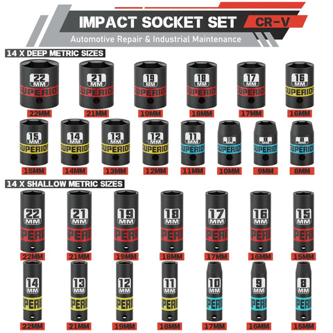 Knockout 50 Piece Impact Socket Set With 3/8 Inch Drive Sae And Metric Sizes with black deep and shallow sockets display.